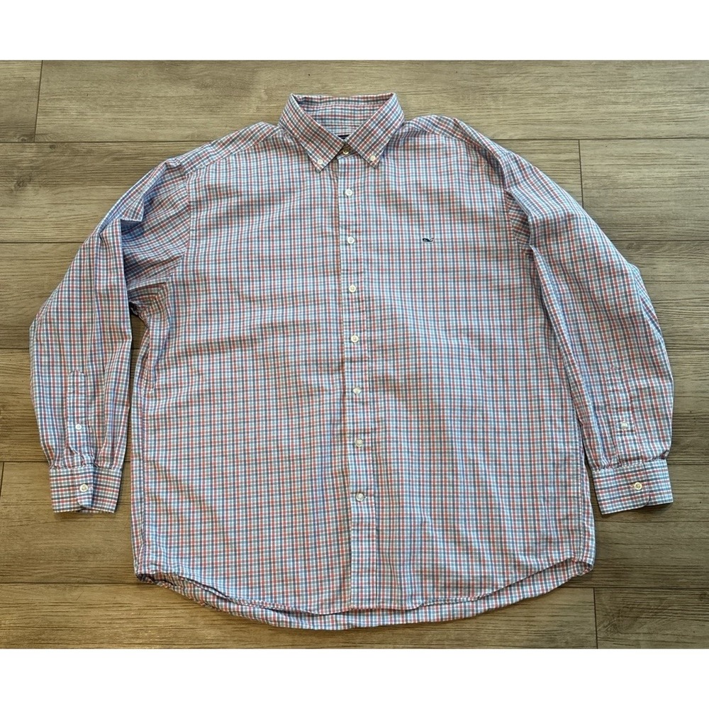 Vineyard Vines Classic Fit Shirt Mens 2XL Red White Blue Plaid Long Sleeve